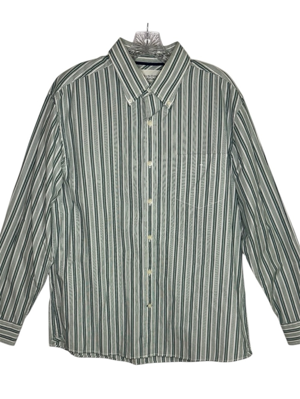 Madison Washed Poplins Mens Large Green White Vertical Stripe Button-Down Shirt